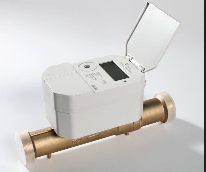 DN50 water meter with a brass inline body and raised protective cover