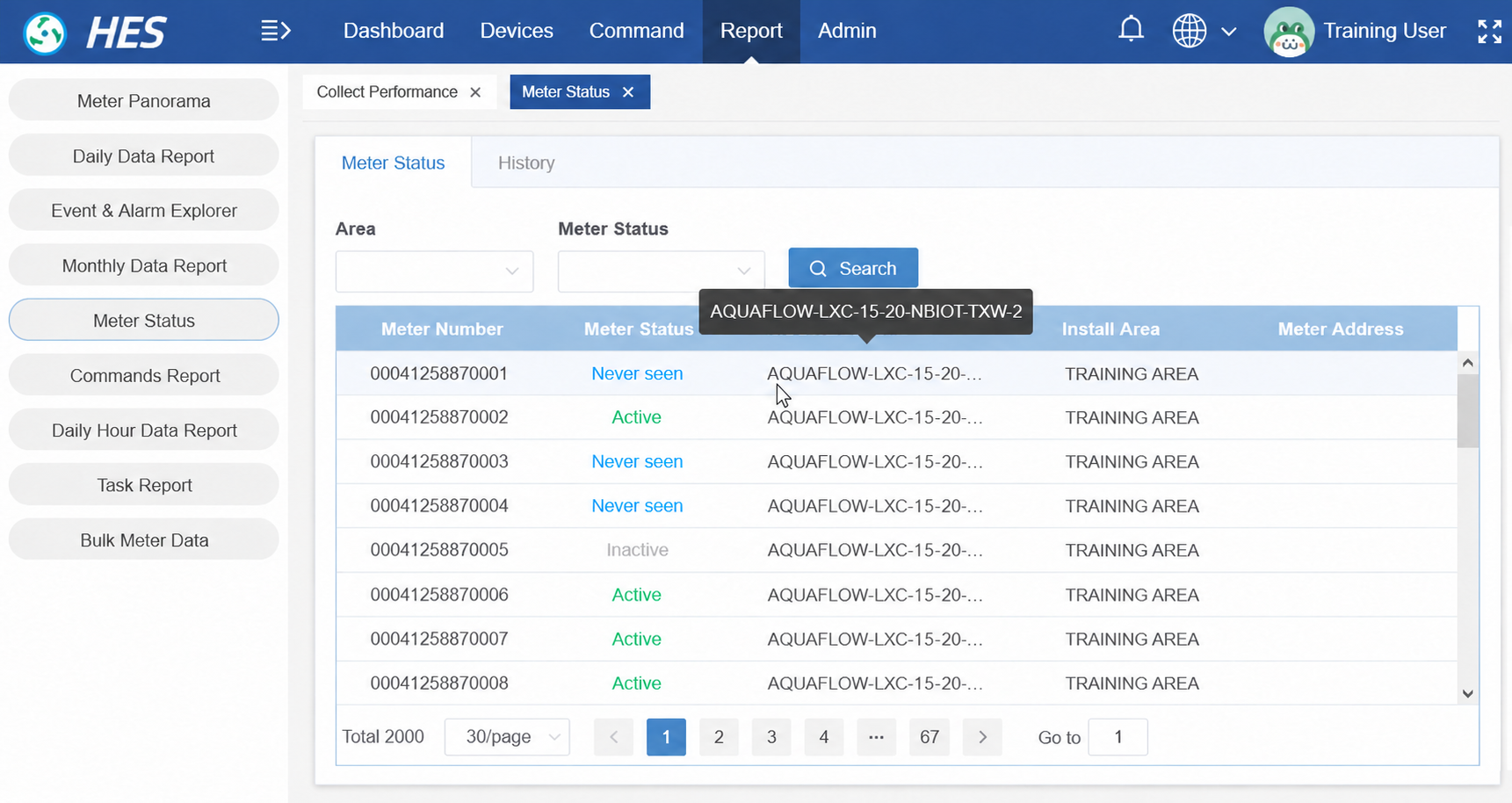 Privacy-safe HES training screen showing a searchable meter inventory and communication status